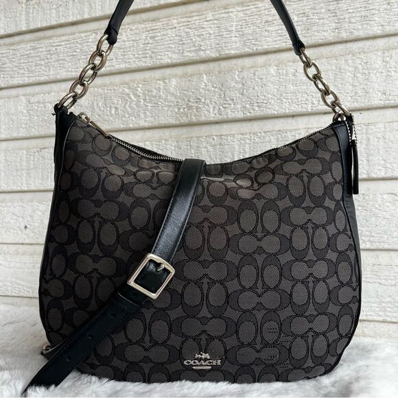 COACH Jacquard Black Signature Hobo Chelsea 32 Hobo Laurel Teri Crossbody 37769 - Picture 1 of 11